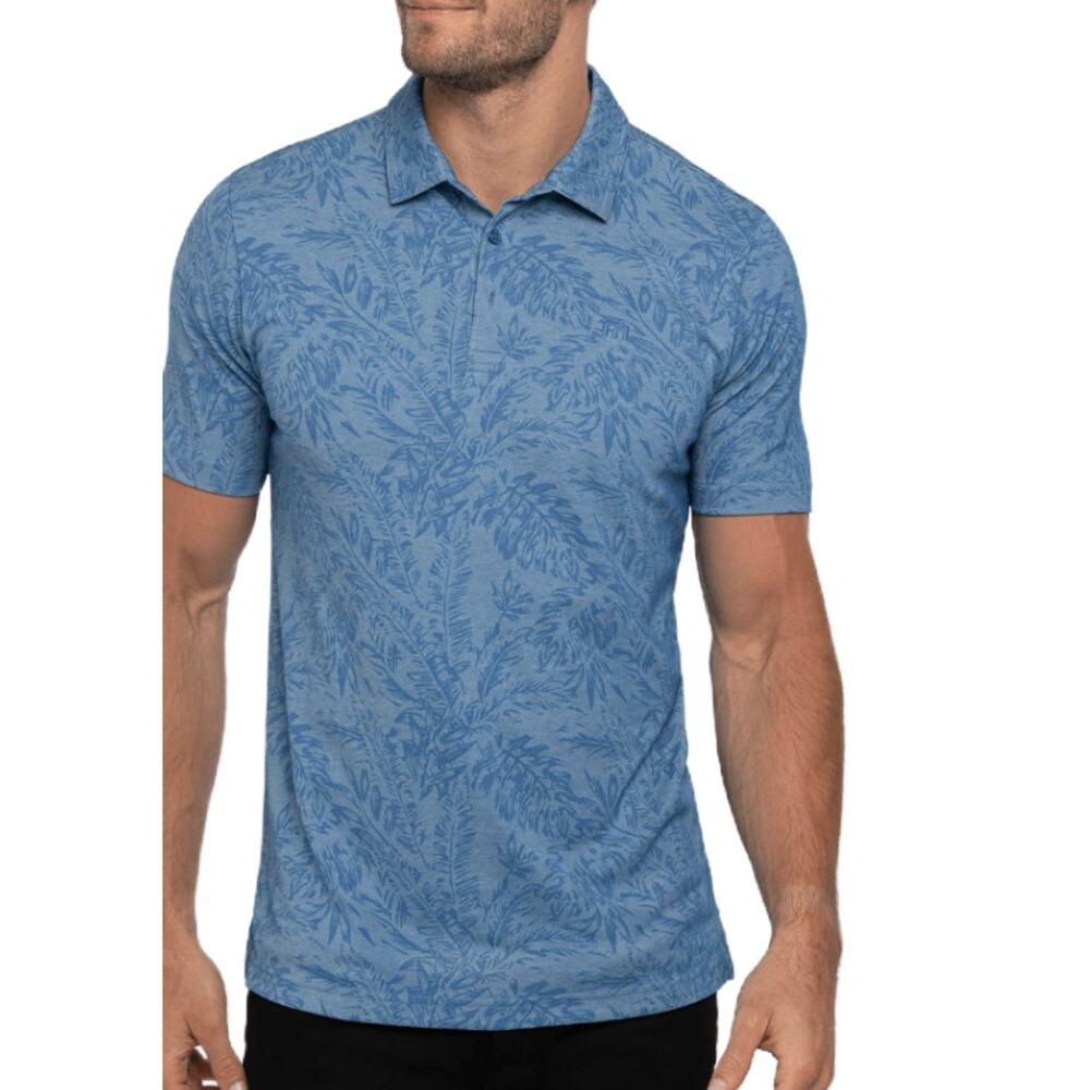 TravisMathew Forever Young Frond Polo Shirt Blue Palm Print XL